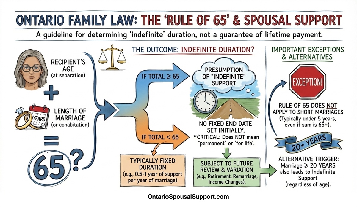 Rule of 65 Infographic - Age plus years married equals 65 or more means indefinite spousal support